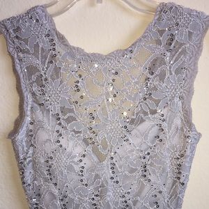 Silver Sequin Sleeveless Dress Sheer Neck
